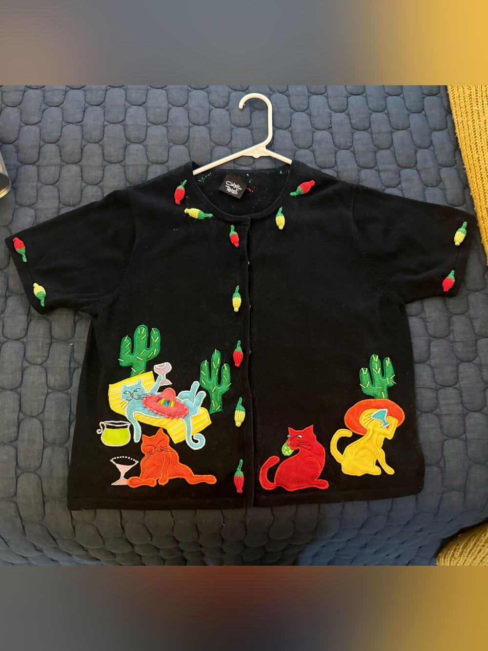 Vintage Christina Rotelli cardigan— embroidered cats, cactus, and peppers— M